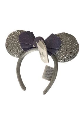 NWT Disney Parks Silver Glitter Minnie Ears Headband with Purple Folded Bow